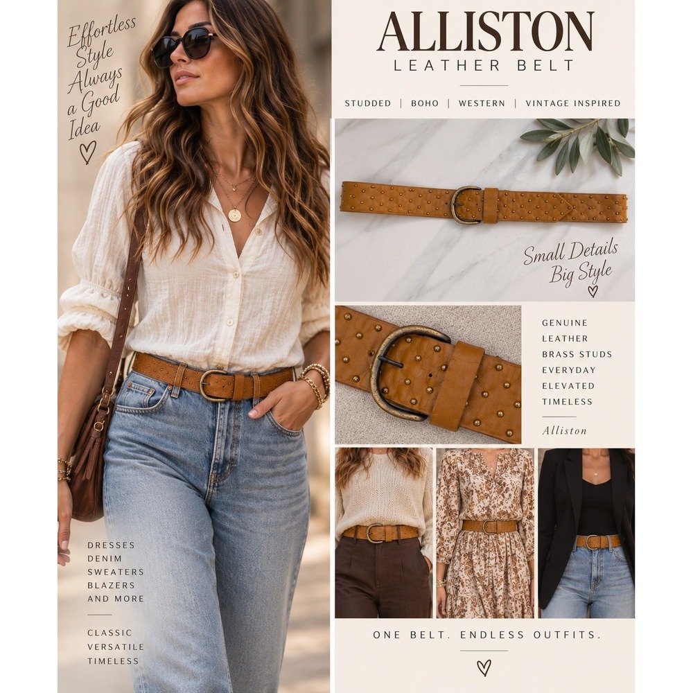 Alliston Cognac Leather Studded Wide Belt Brass Buckle Boho Western 34"
